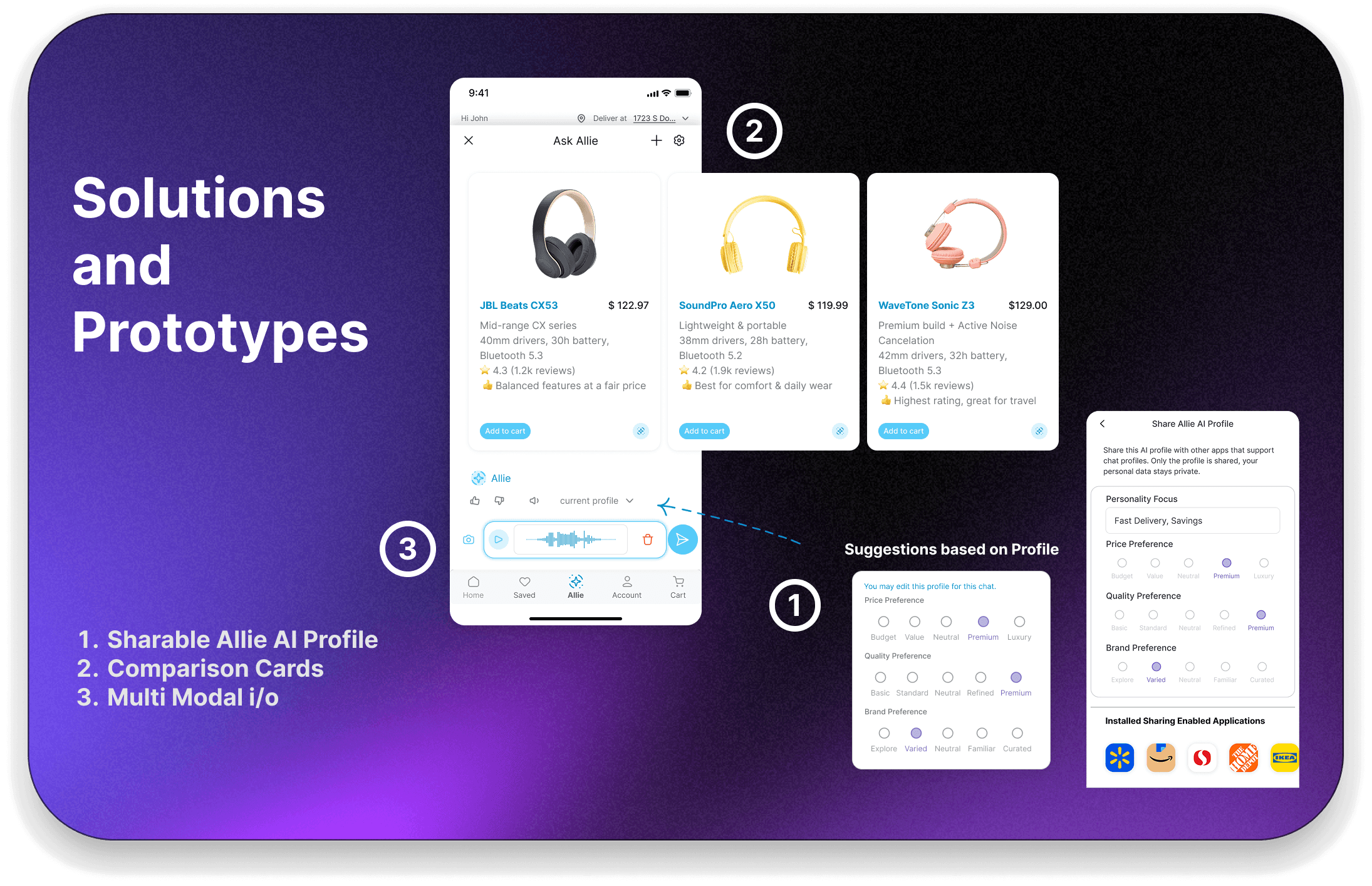 The three interventions: the shareable Allie AI profile, comparison cards, and voice plus text.