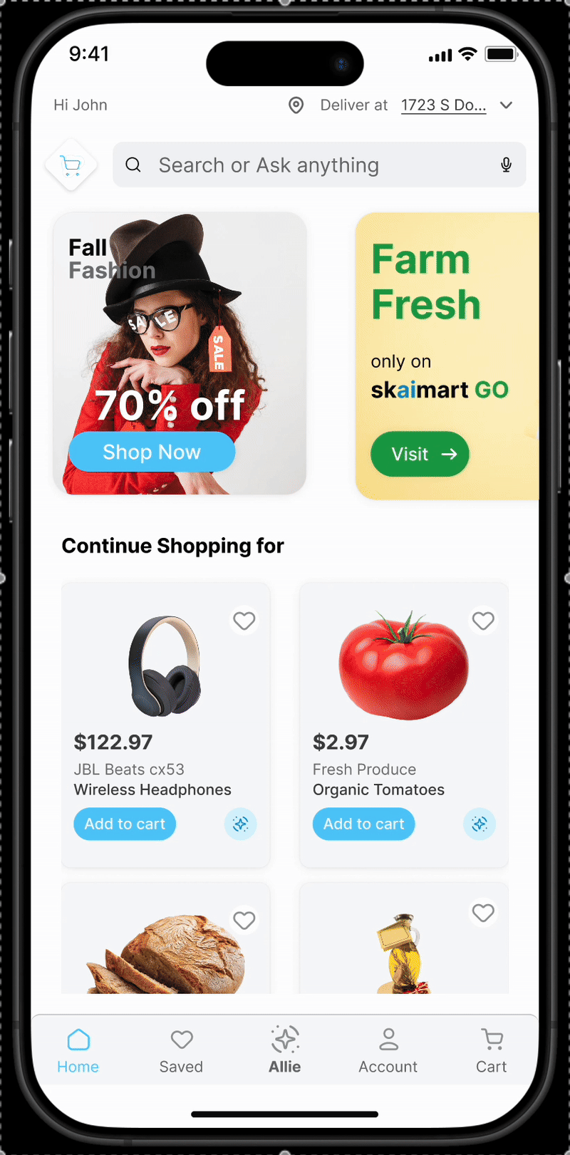 Setting up the profile: from Ask Allie to Manage Allie AI Profile (focus, price, quality, brand), saving it, then sharing it with other apps