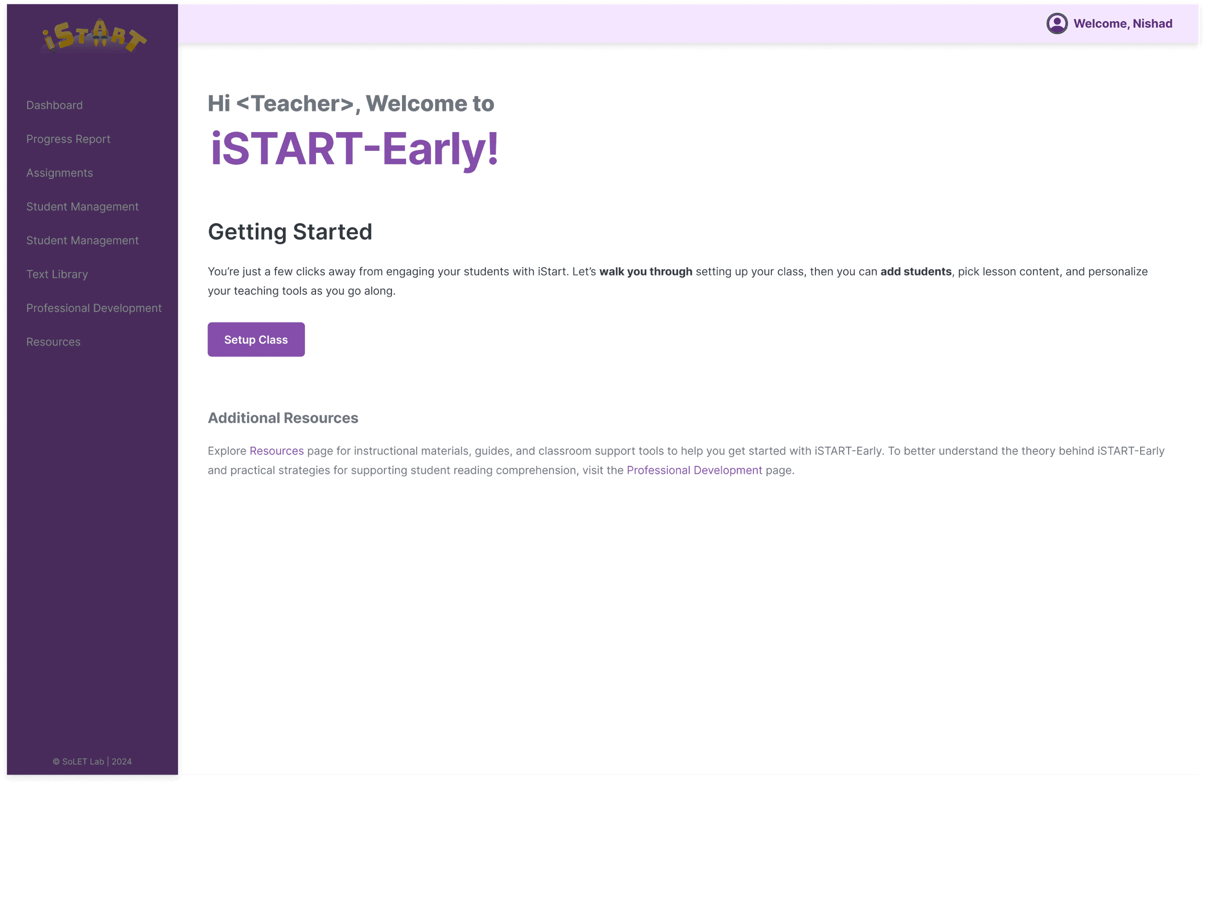 Onboarding: the first screen a teacher sees, one step from setting up a class