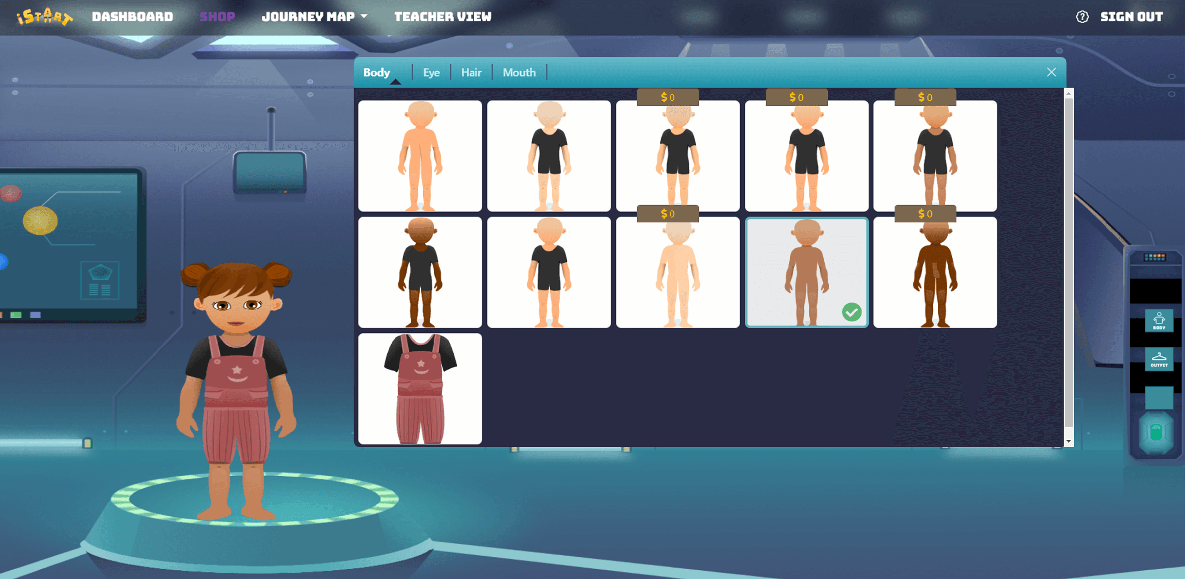 The avatar shop, legacy version: a full-body figure built from body, eye, hair and mouth parts