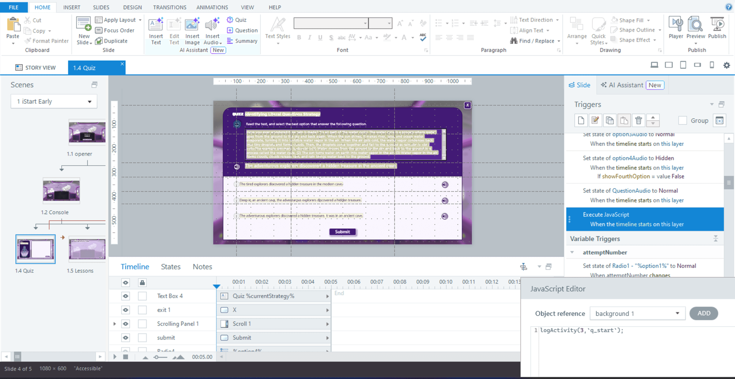 A lesson quiz in Storyline, with the call that logs a student's activity to the backend