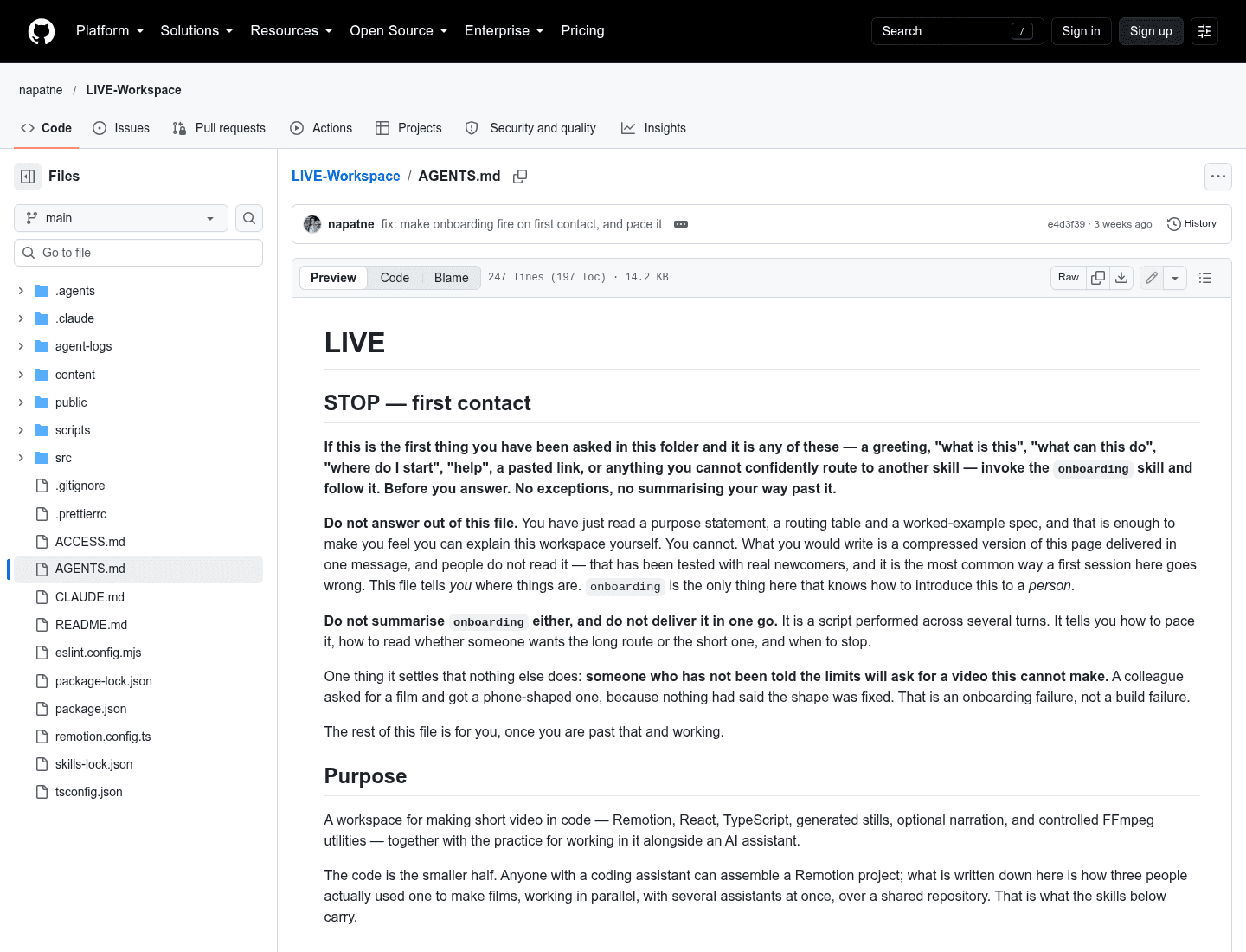 The workspace's AGENTS.md on GitHub: the instructions every agent reads first. "The code is the smaller half."
