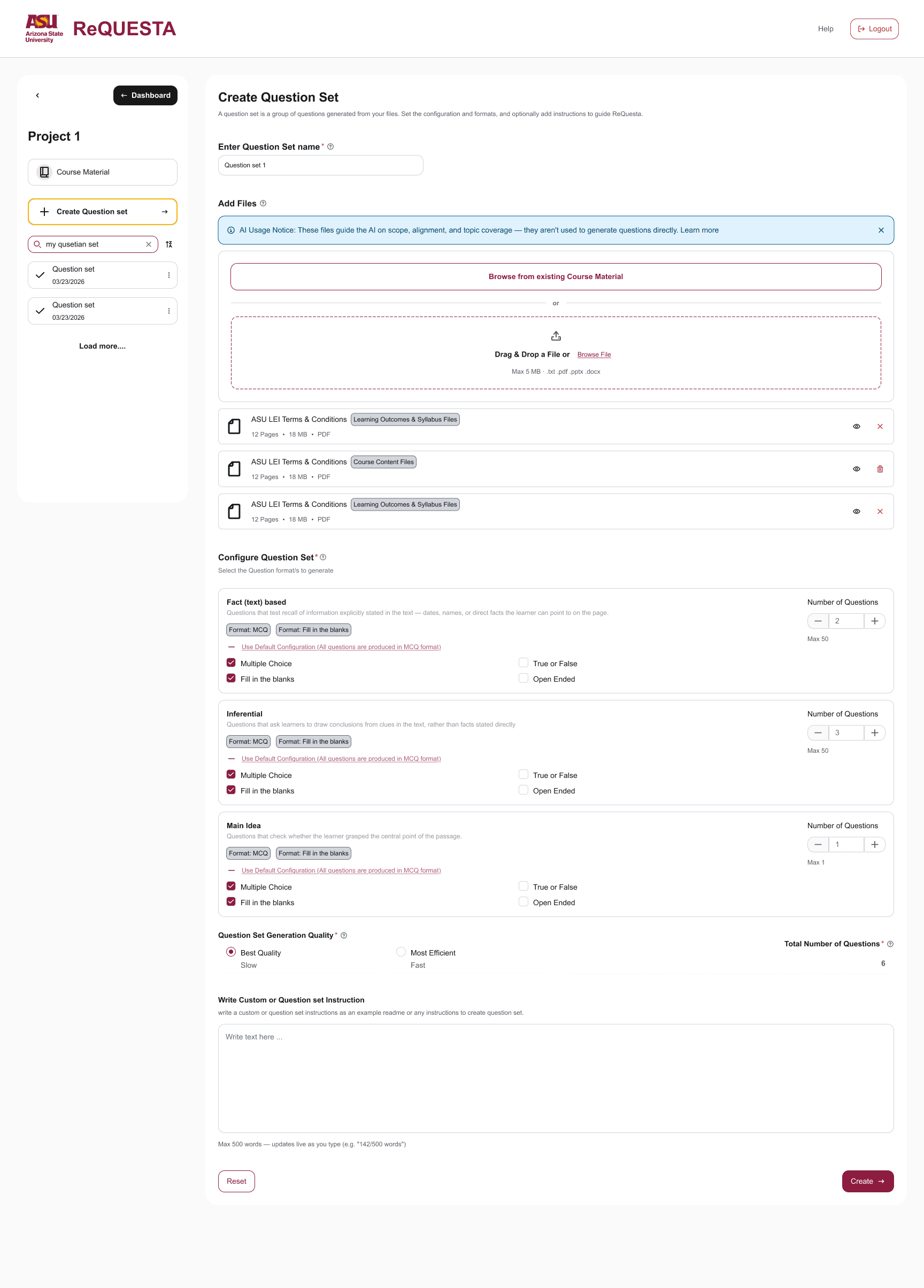 Creating a question set