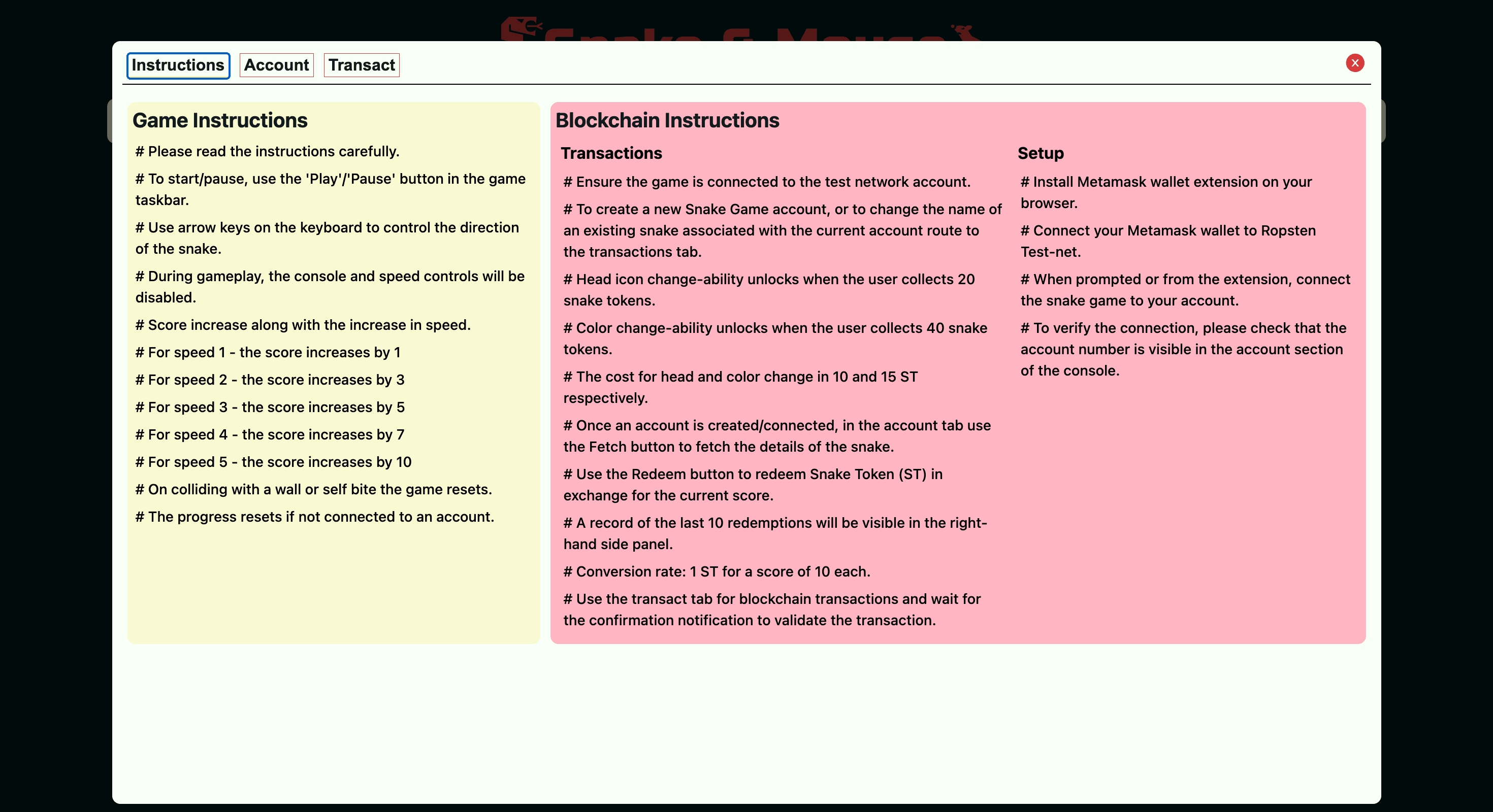 The console that opens first: the game's rules on the left, the ambitious documentation on the right.