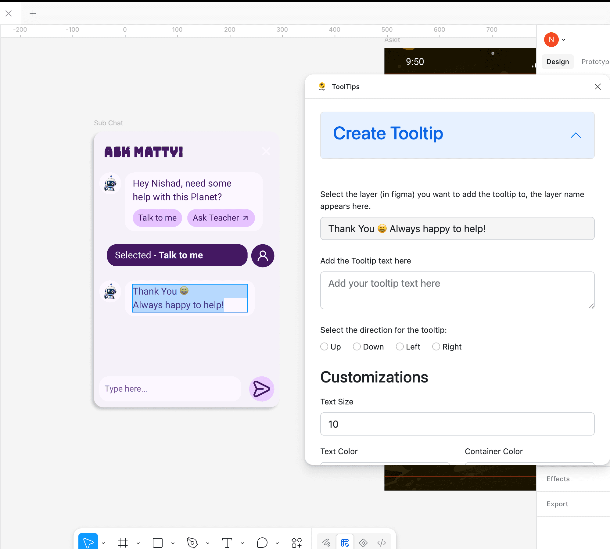 Selecting a chat bubble; the plugin picks up the layer's name