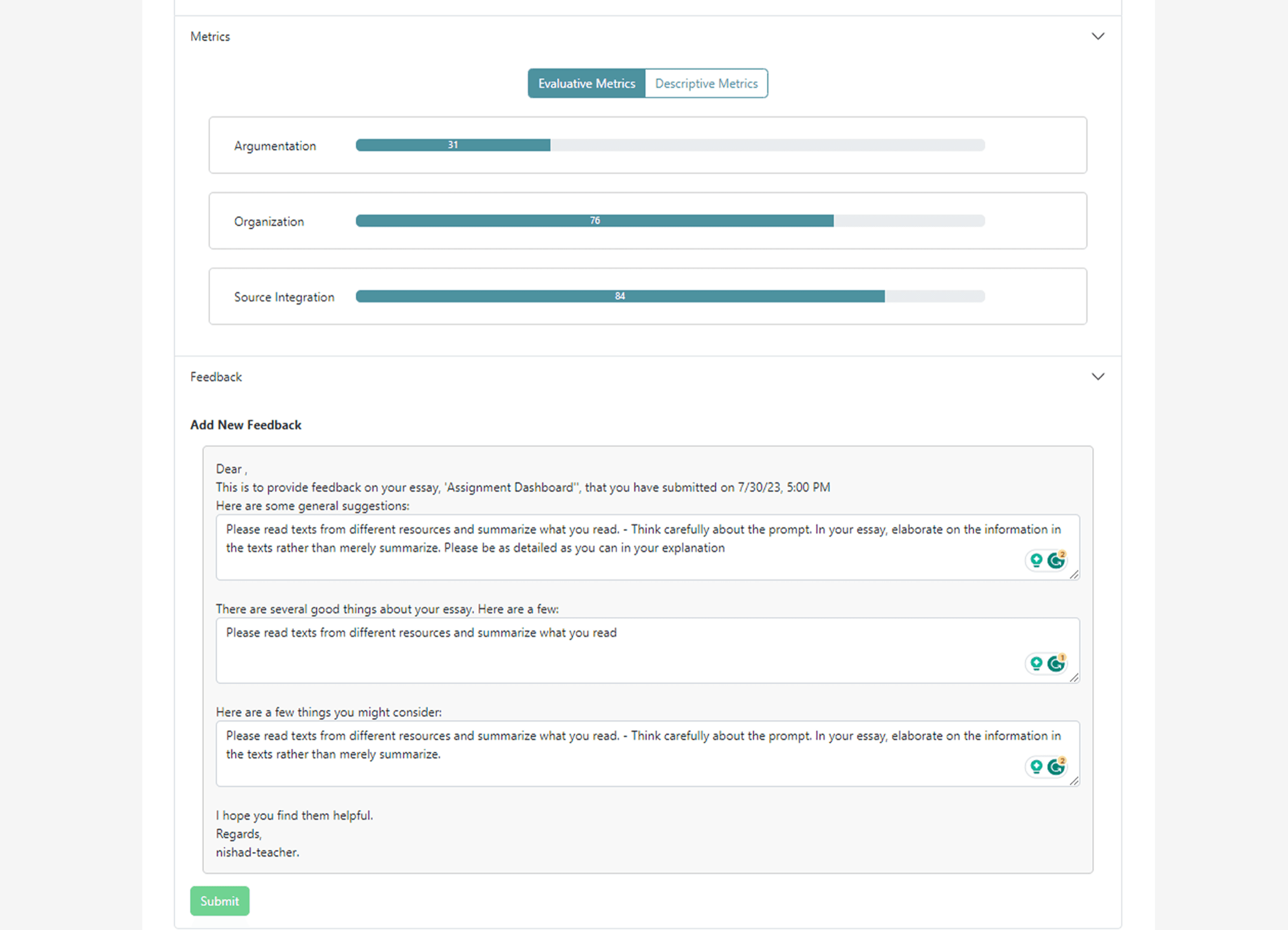 The legacy feedback screen: each measure as a bare 0 to 100 bar, above a fixed letter template