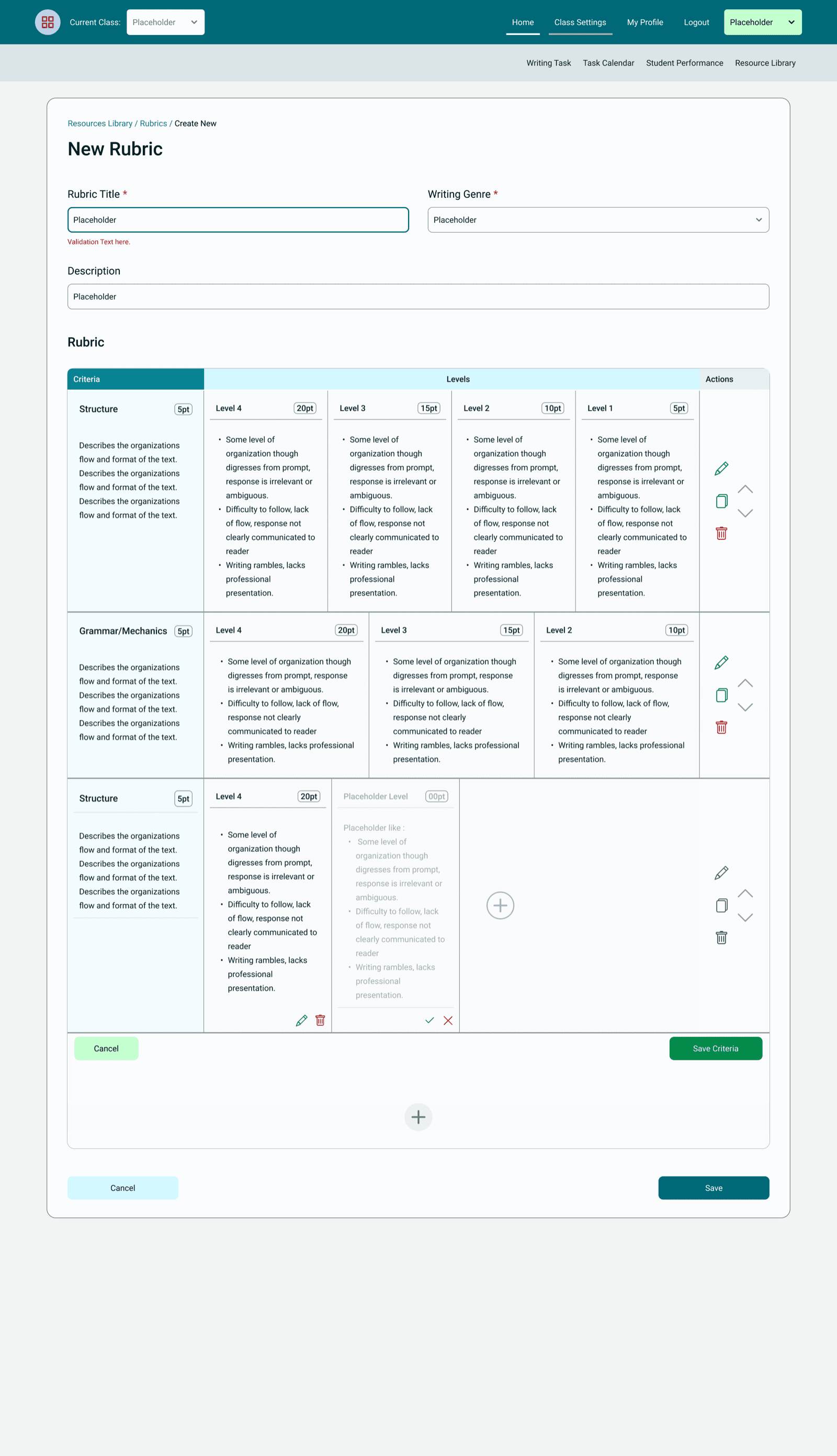 The rubric builder: criteria and levels, each with points, that teachers write themselves