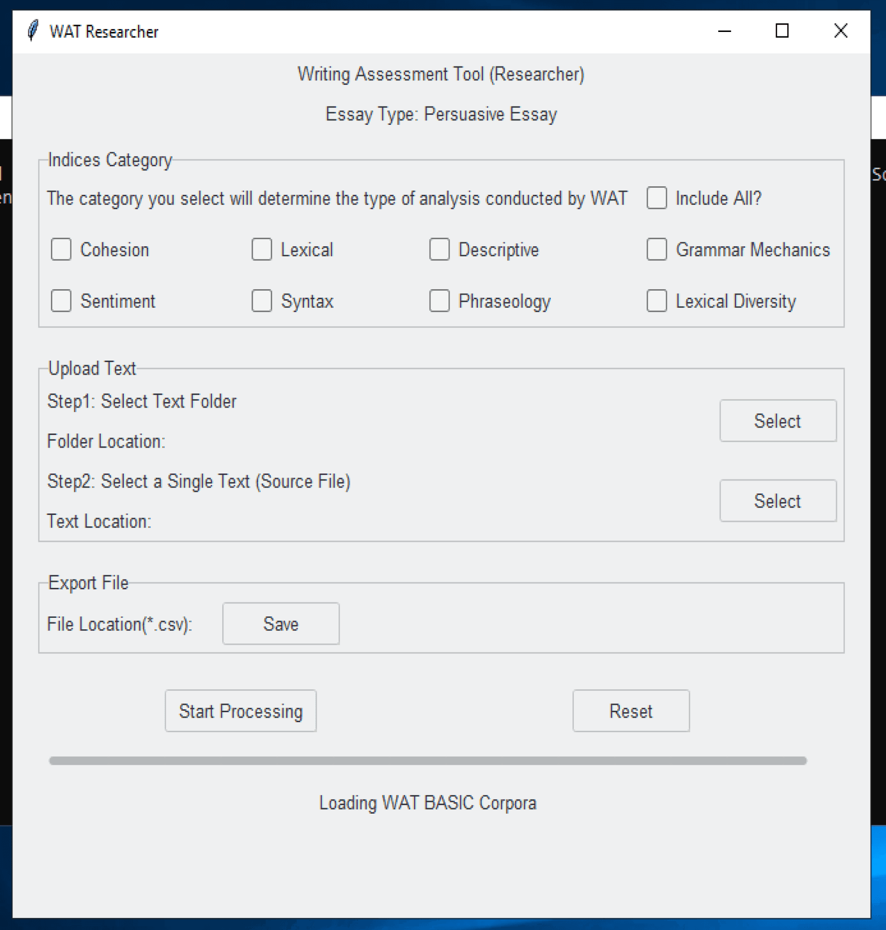 The old one-window form: tick categories, pick a folder and one text, save a CSV
