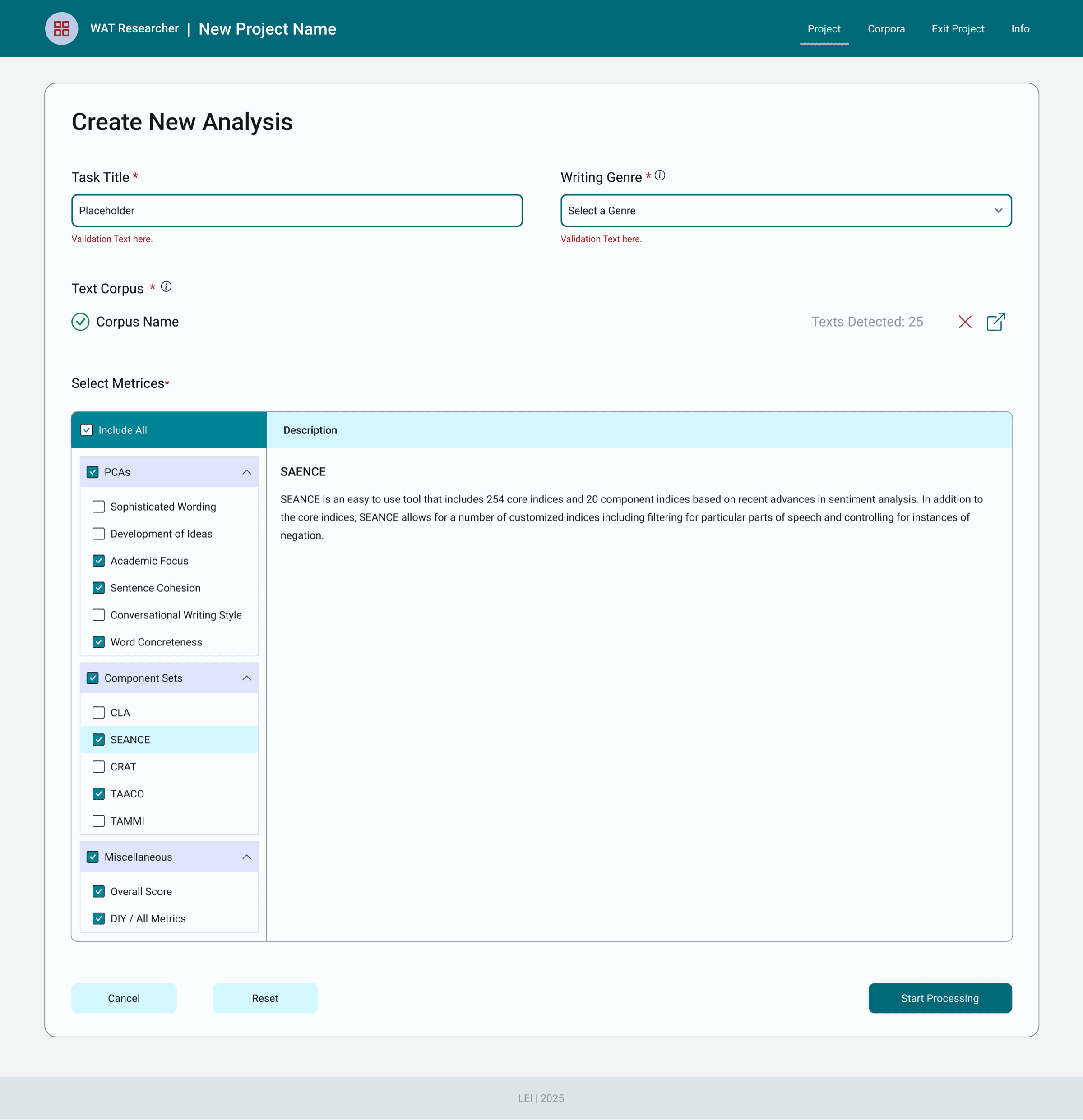Creating an analysis: metrics chosen in levels, by measure group and by SALAT tool, each with a description