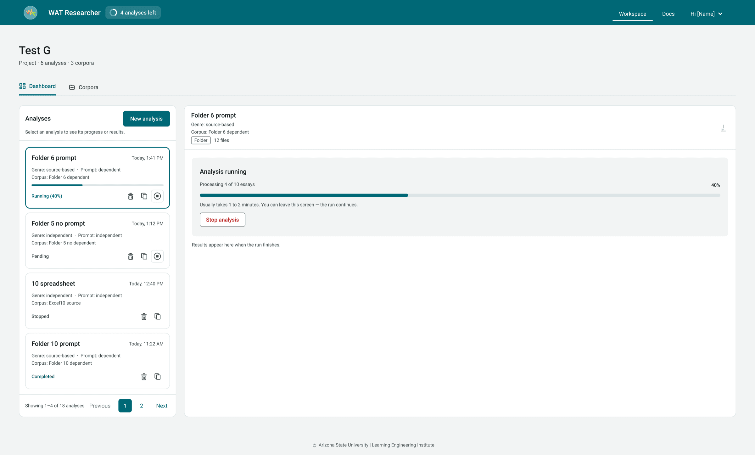 An analysis running at 40%, with a processing status; the run continues if you leave the screen